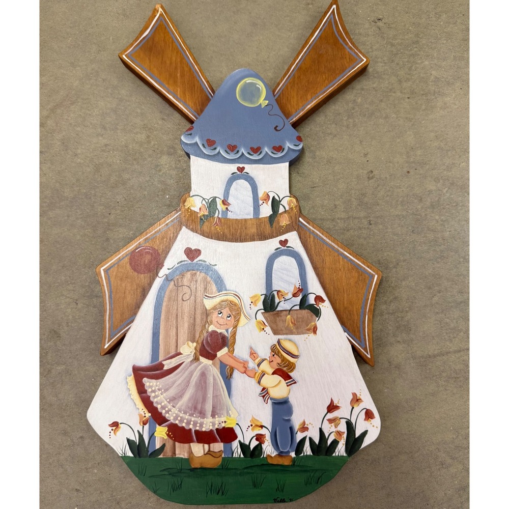 Vintage 1991 Hand Painted Dutch Windmill Wood Wall Art Signed Vella Folk Art
